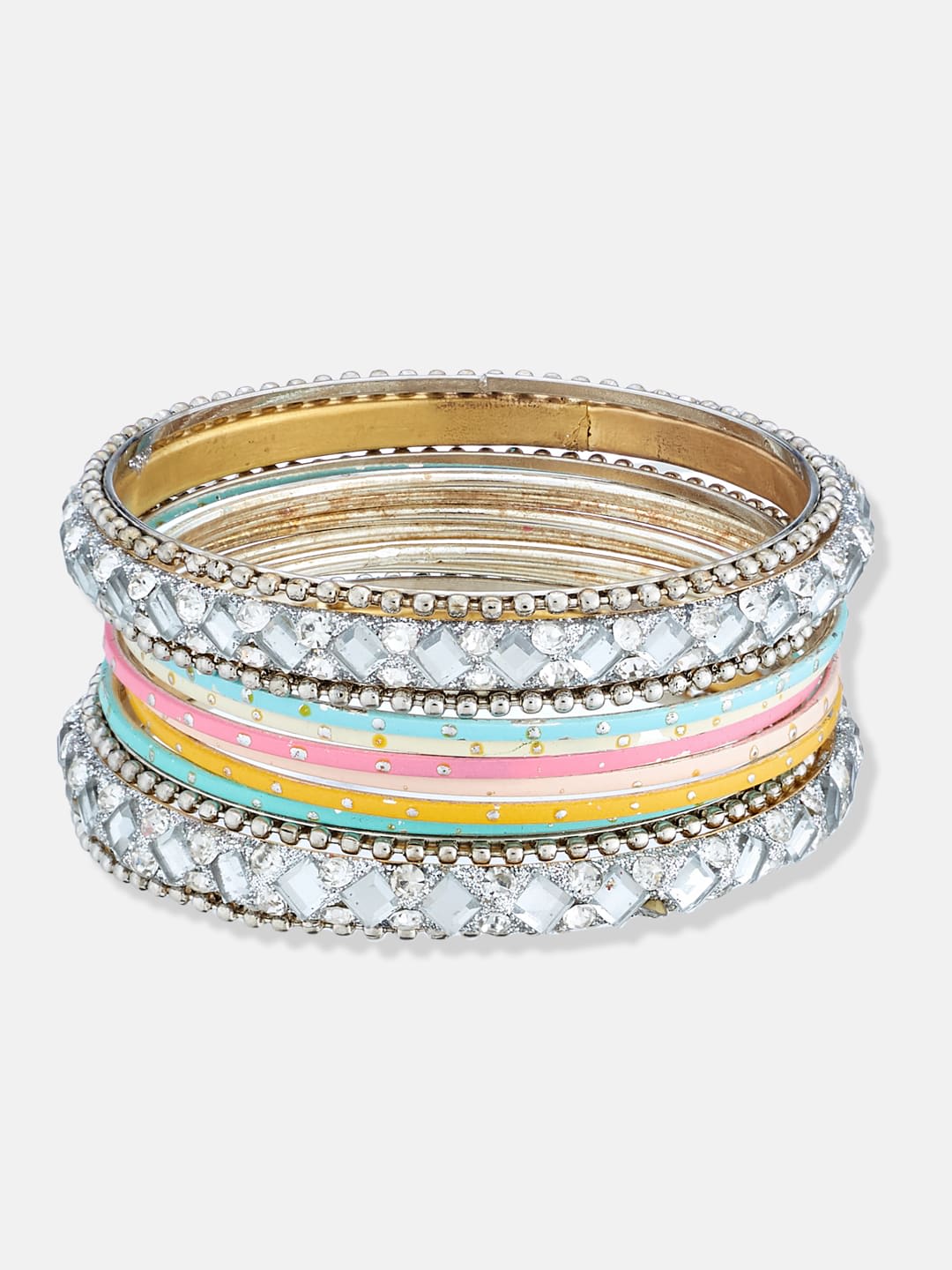 ATIBELLE Set Of 24 Silver Plated Mirror Stones Studded Embellished Bangles