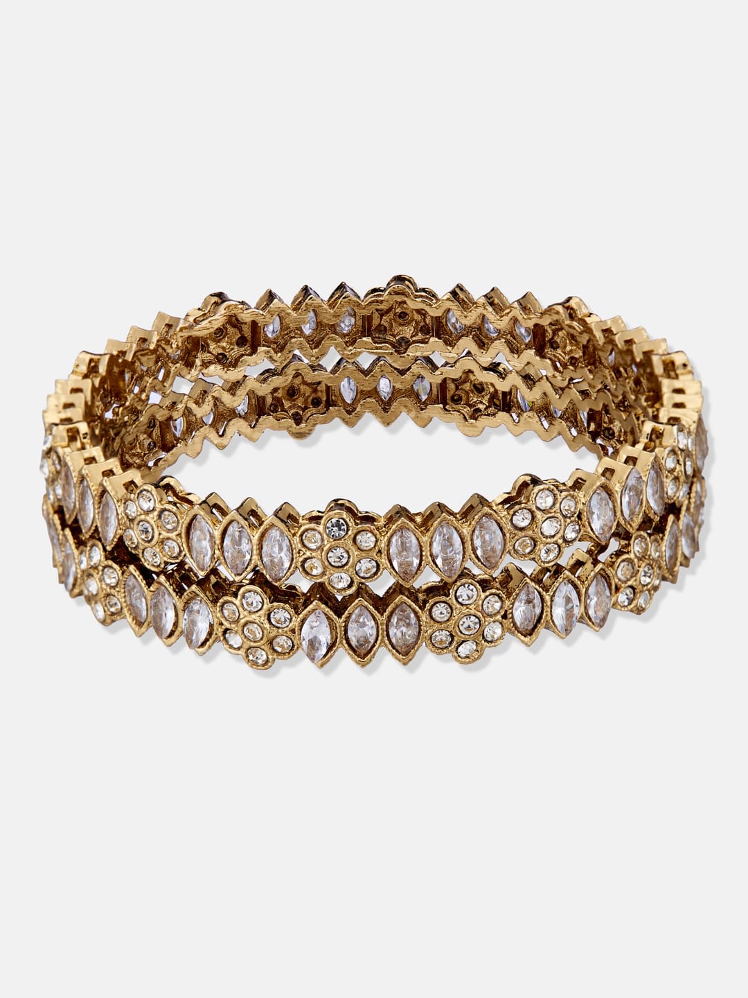 ATIBELLE Set of 2 Gold Plated Stone Studded Floral Shaped Textured Bangles
