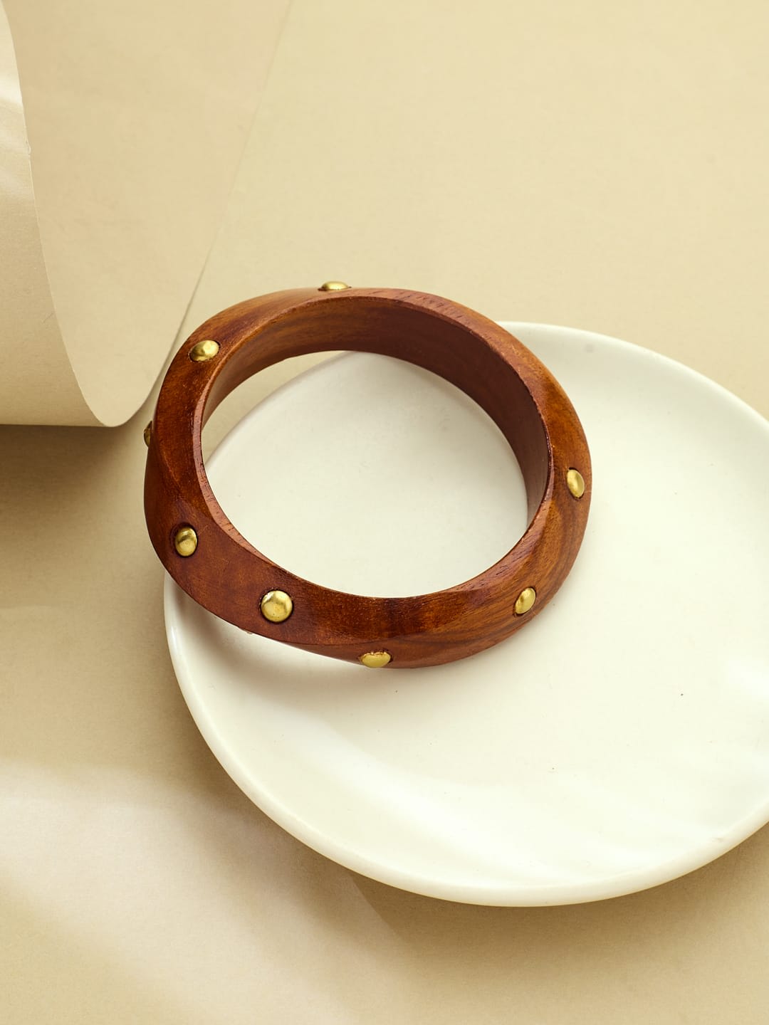 ATIBELLE Gold-Plated Square Twisted Shaped Wooden Bangle