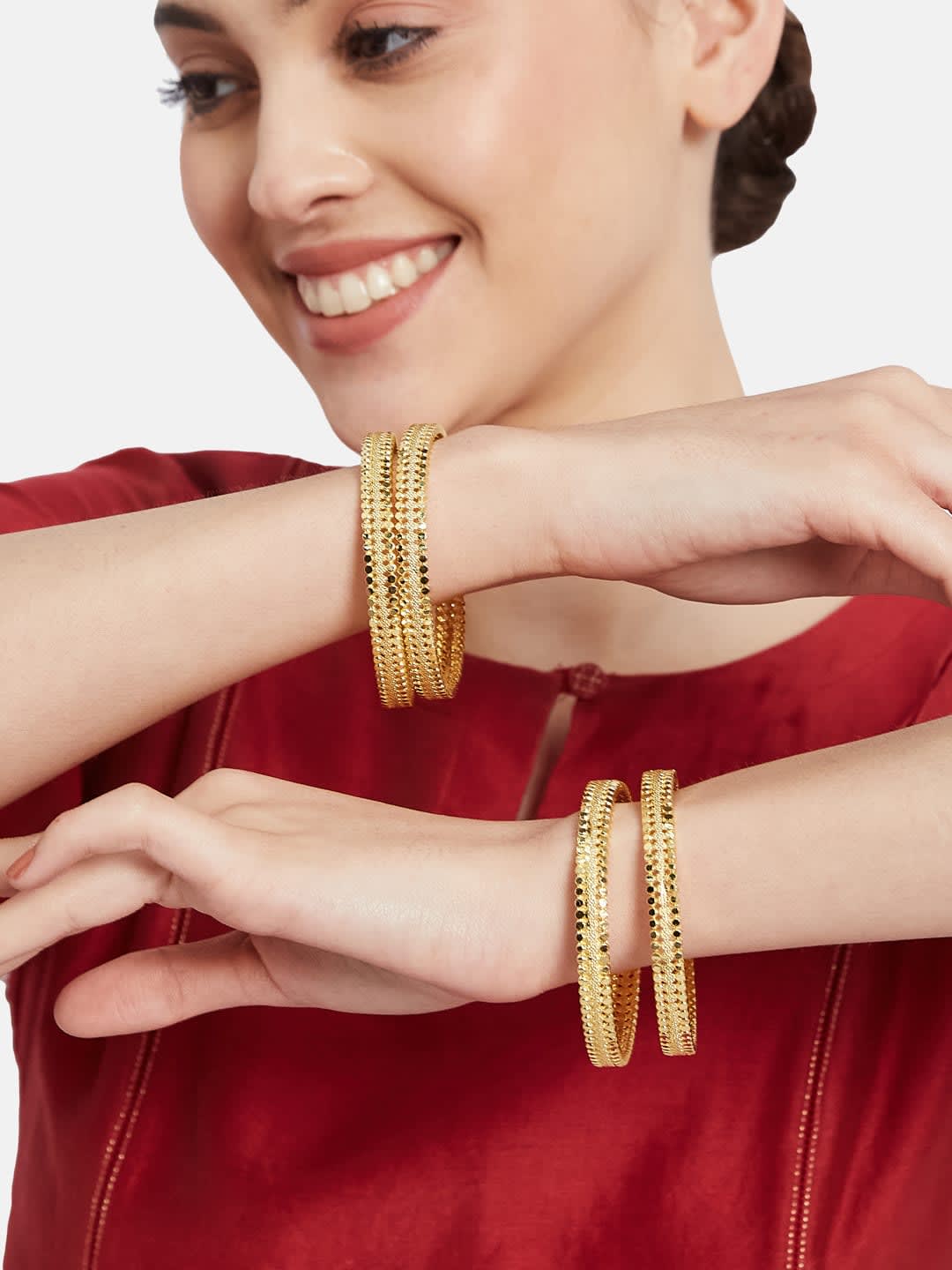 ATIBELLE Set Of 4 Gold-Plated Floral Shaped Textured Bangles