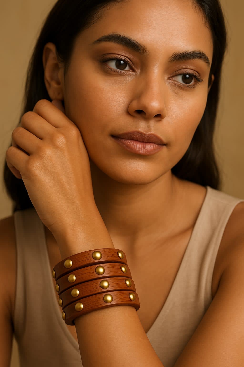 ATIBELLE Set Of 4 Gold-Plated Artificial Stones Studded Wooden Bangles