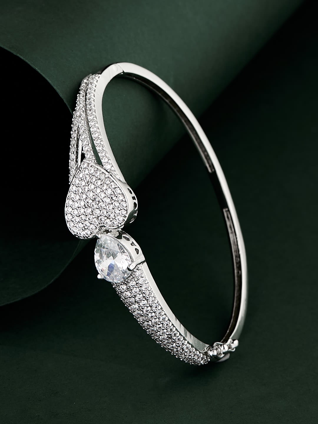 ATIBELLE Women Brass Cubic Zirconia Silver-Plated Bangle-Style Bracelet