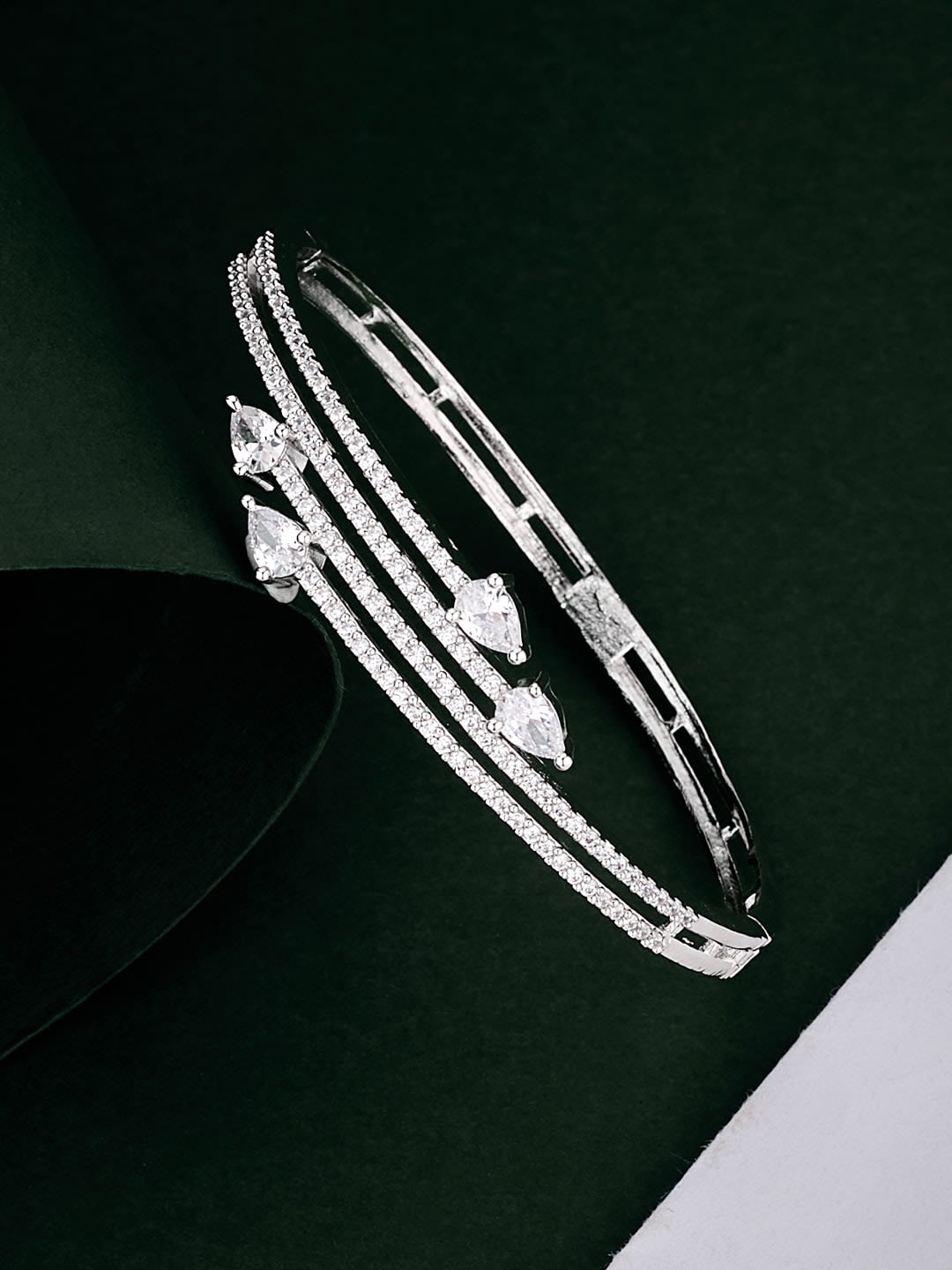 ATIBELLE Women Brass Cubic Zirconia Silver-Plated Cuff Bracelet