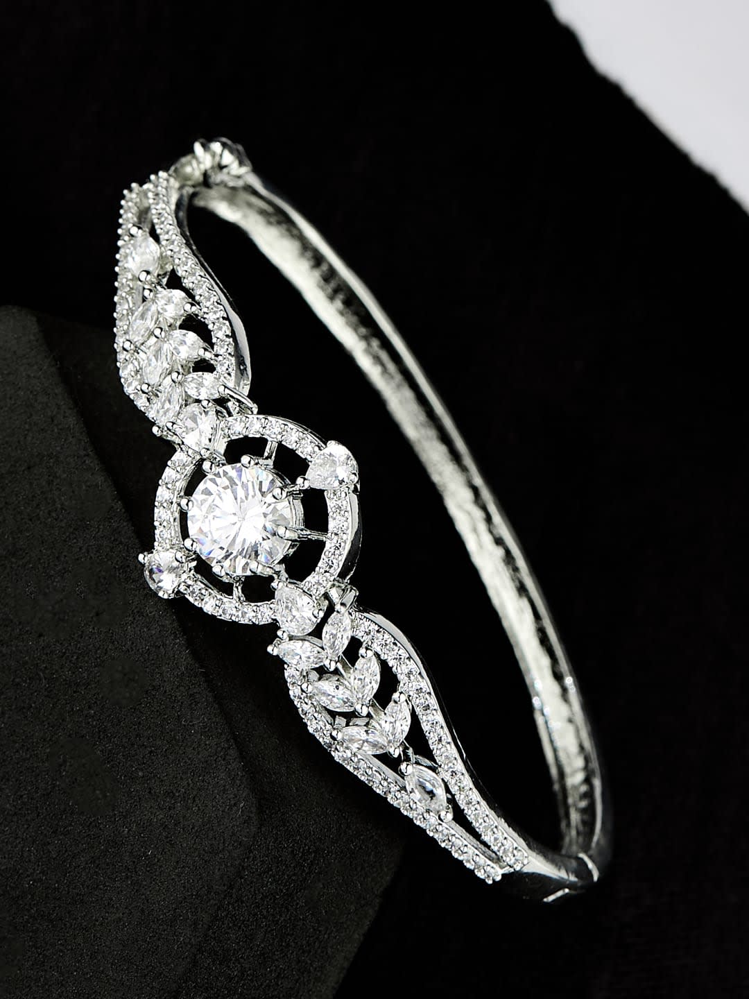 ATIBELLE Women Brass Cubic Zirconia Silver-Plated Kada Bracelet