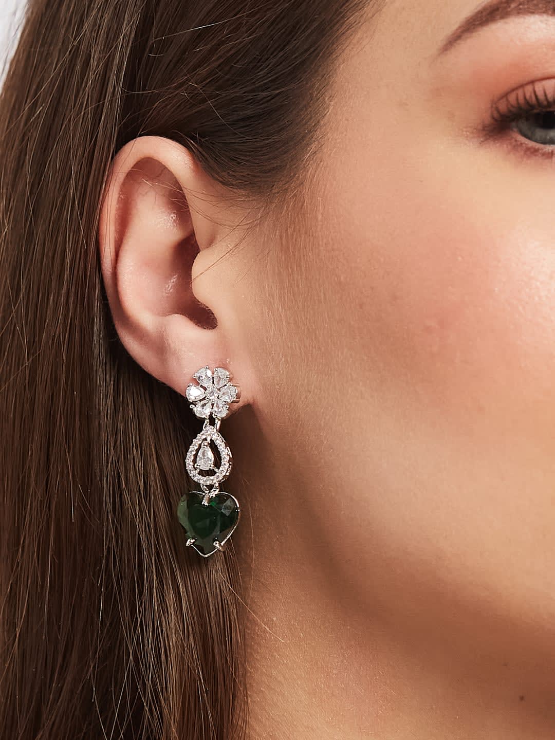 ATIBELLE Silver Plated & Green White Cubic Zirconia Stone Studded Dazzling Drop Earrings