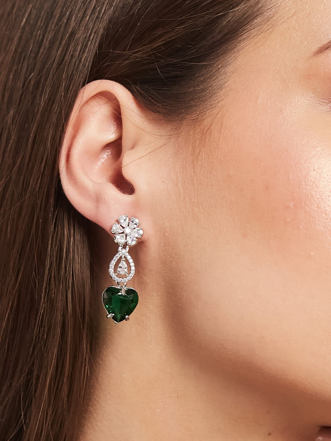 ATIBELLE Silver Plated & Green White Cubic Zirconia Stone Studded Dazzling Drop Earrings