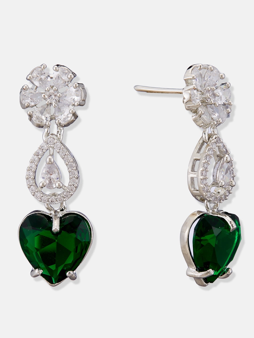 ATIBELLE Silver Plated & Green White Cubic Zirconia Stone Studded Dazzling Drop Earrings