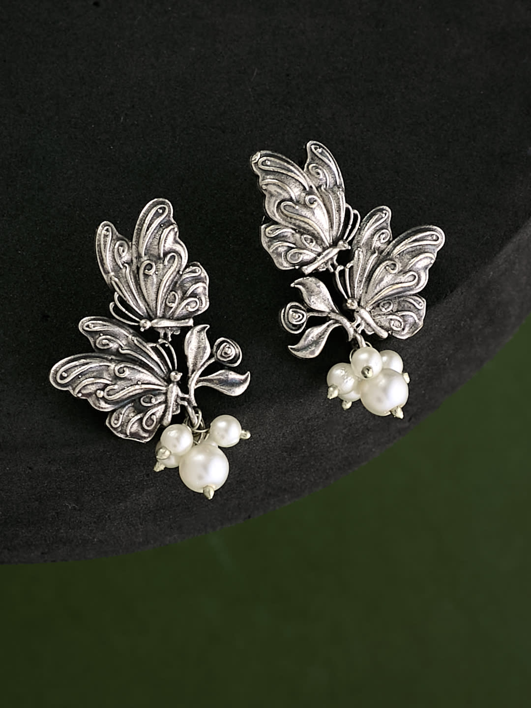 ATIBELLE Silver-Plated Contemporary German Silver Stone Studded & Beaded Drop Earrings