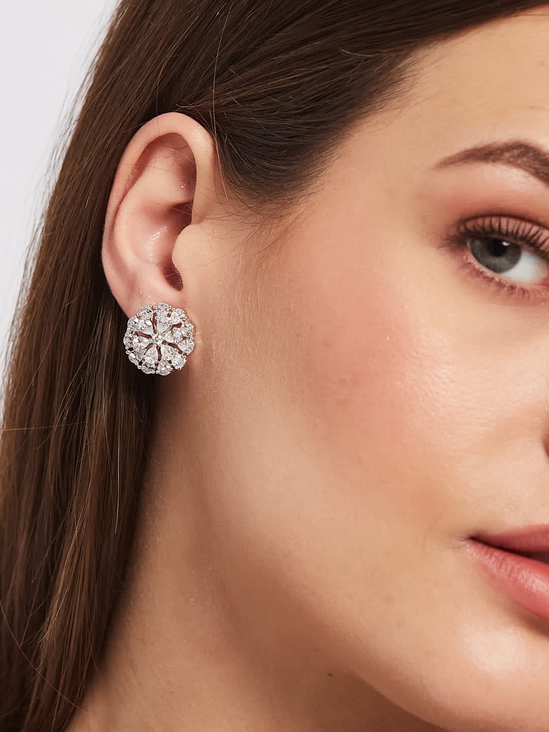 ATIBELLE Silver-Plated Cubic Zirconia Stone Studded Contemporary Shaped Studs