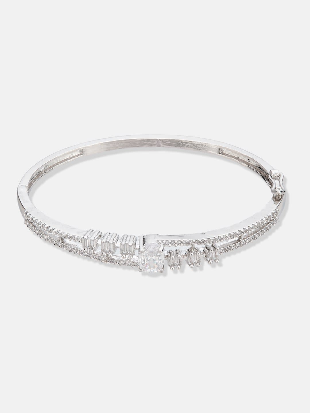 ATIBELLE Women Brass Cubic Zirconia Silver-Plated Kada Bracelet