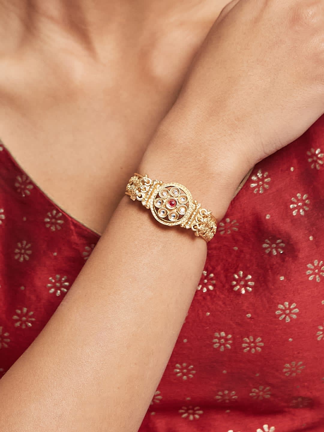 ATIBELLE Women Brass Kundan Gold-Plated Wraparound Bracelet