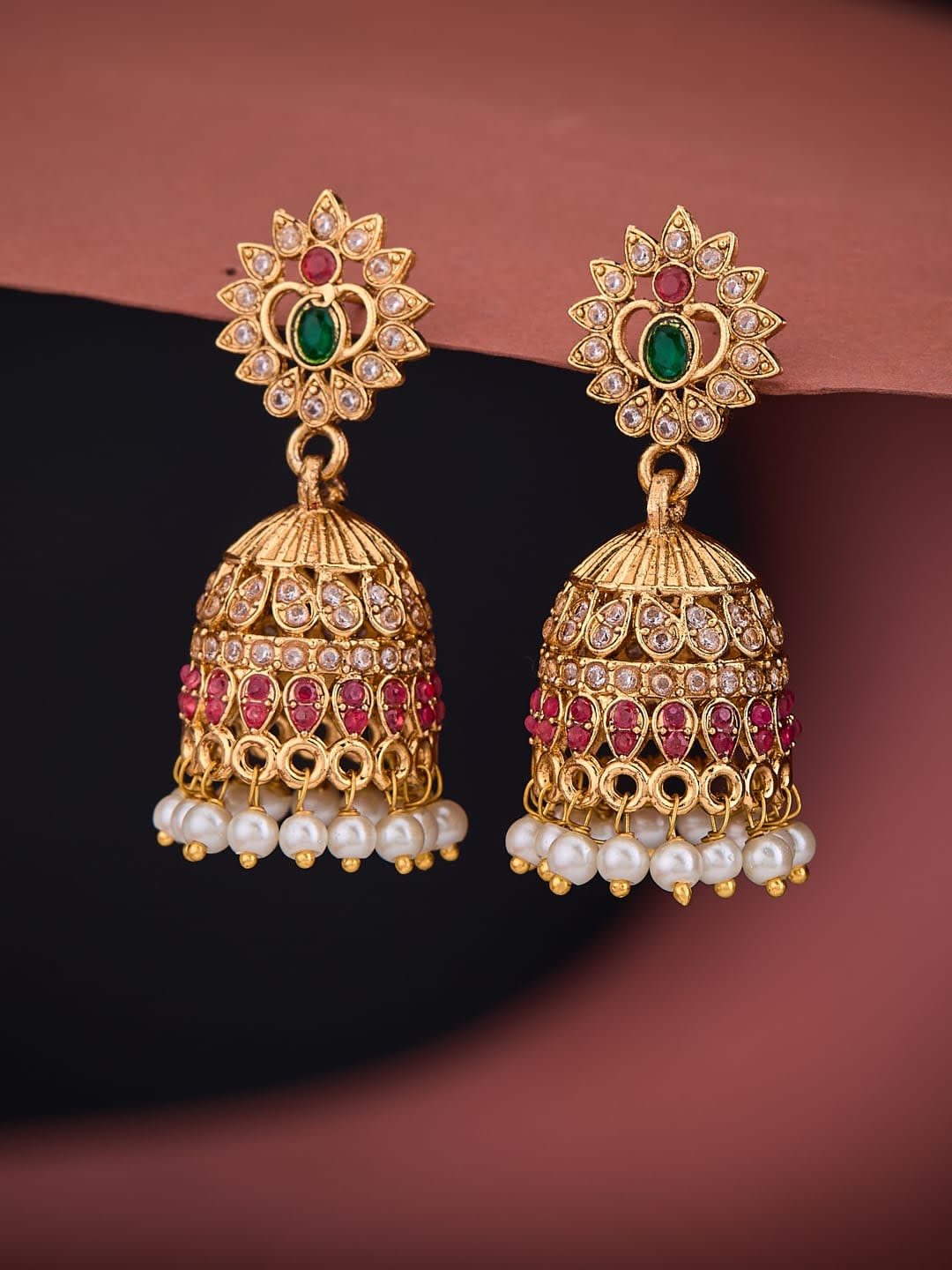 ATIBELLE Rose Gold-Plated Cubic Zirconia Studded & Beaded Dome Shaped Jhumkas