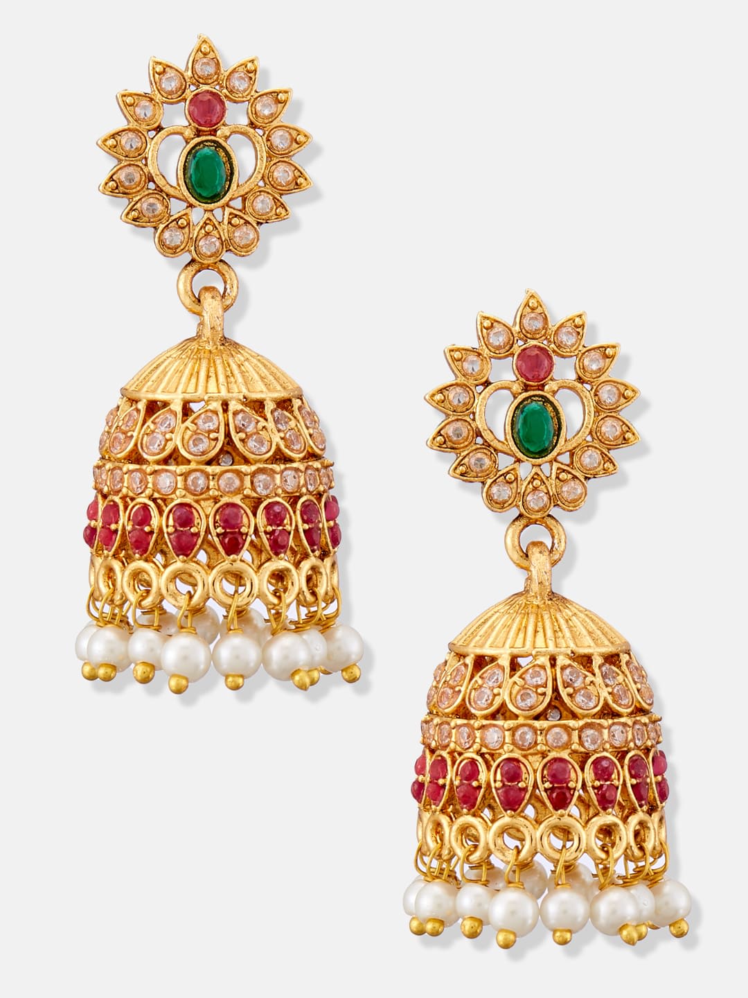 ATIBELLE Rose Gold-Plated Cubic Zirconia Studded & Beaded Dome Shaped Jhumkas