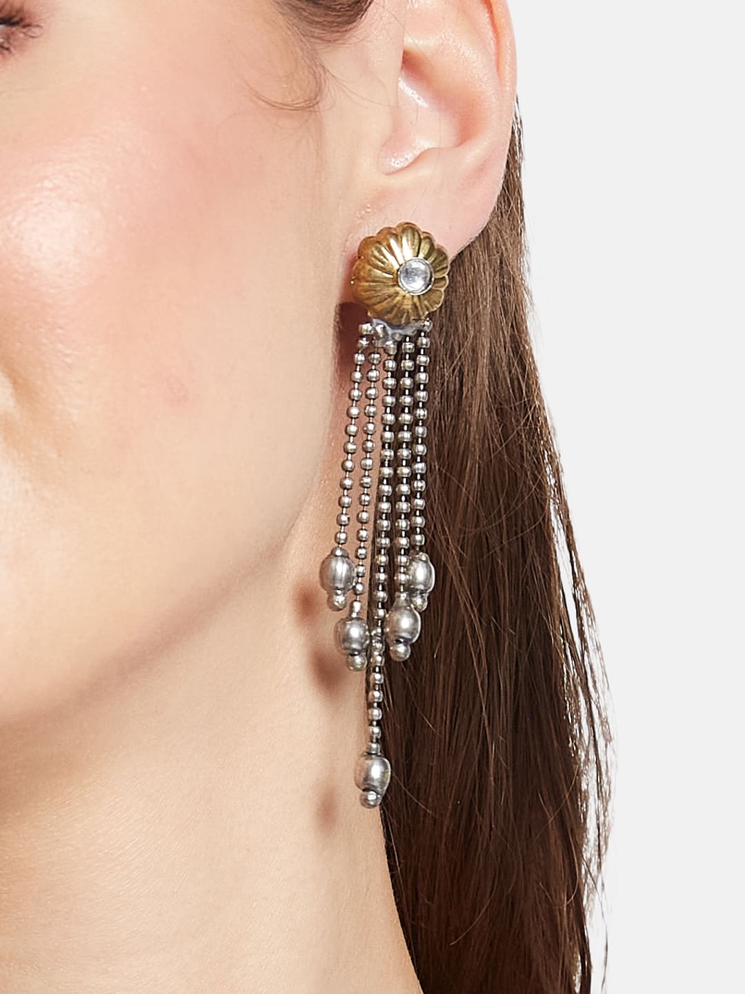 ATIBELLE Silver-Plated Contemporary German Silver Stone Studded & Beaded Drop Earrings