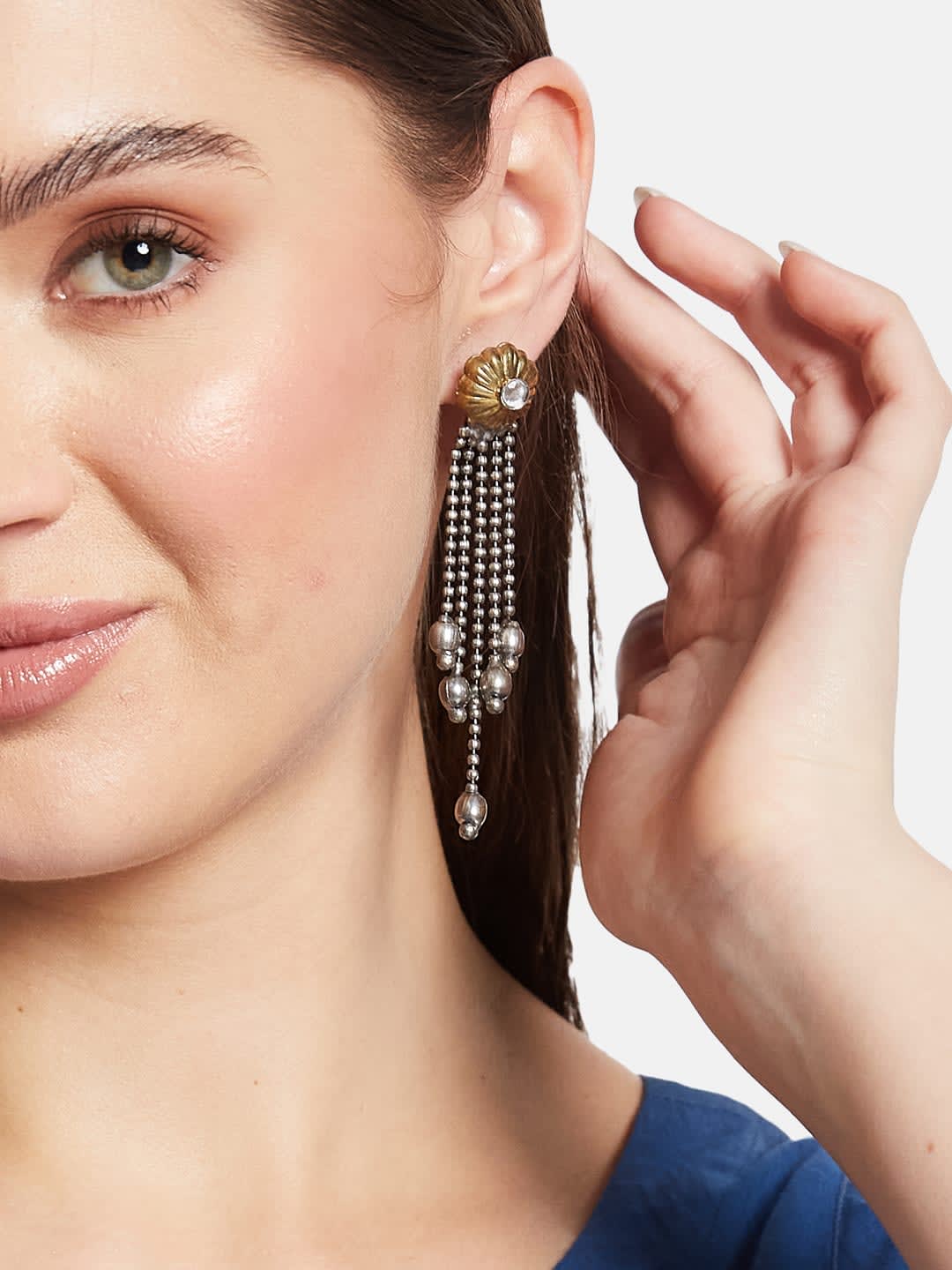 ATIBELLE Silver-Plated Contemporary German Silver Stone Studded & Beaded Drop Earrings
