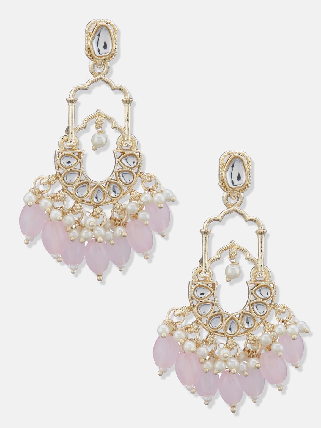ATIBELLE Contemporary Shaped Gold Plated Pink Kundan Stone Studded Classic Chandbalis