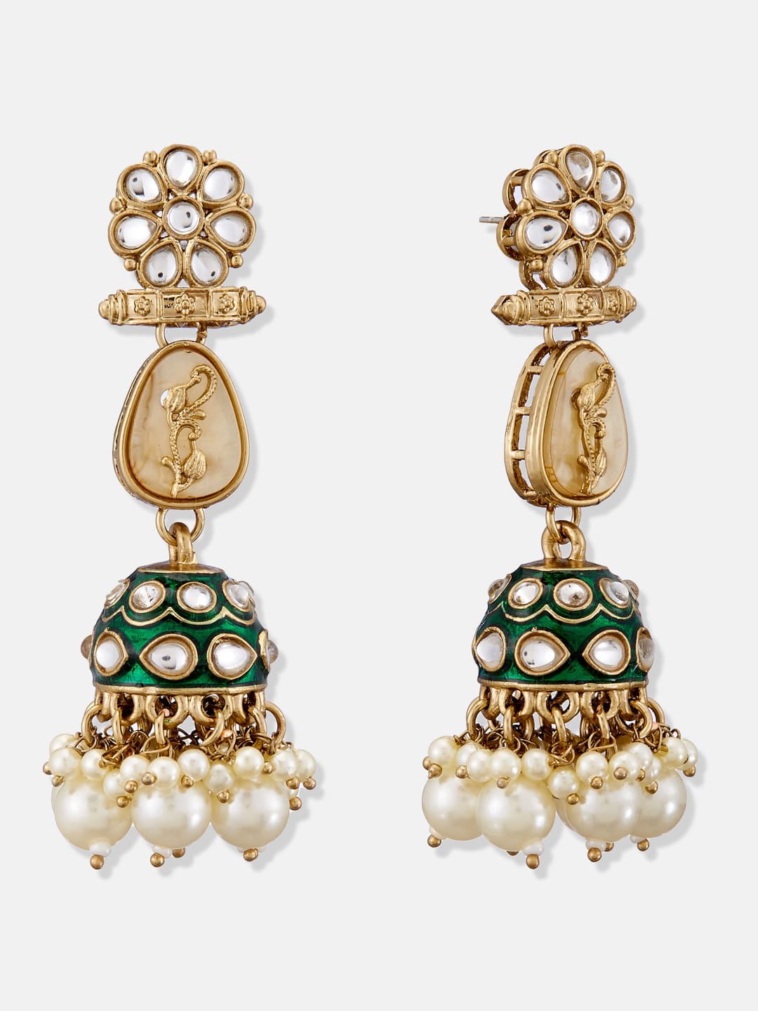 ATIBELLE Gold-Plated Kundan Stone Studed Contemporary Shaped Jhumkas