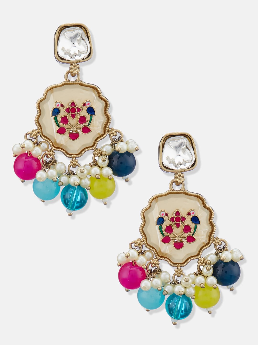 ATIBELLE Gold-Plated Kundan Stone & Beaded Studded Contemporary Drop Earrings