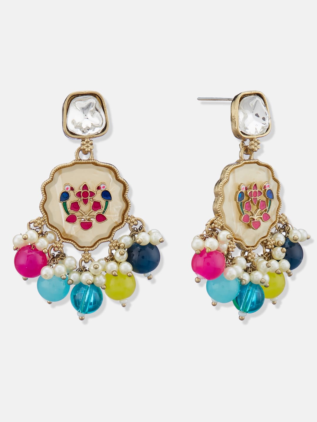 ATIBELLE Gold-Plated Kundan Stone & Beaded Studded Contemporary Drop Earrings