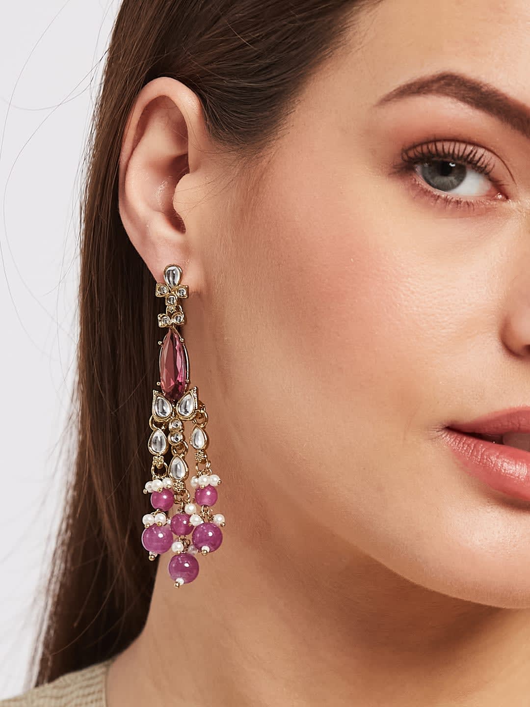 ATIBELLE Contemporary gold plated kundan stone studded shaped  earrings Drop Earrings