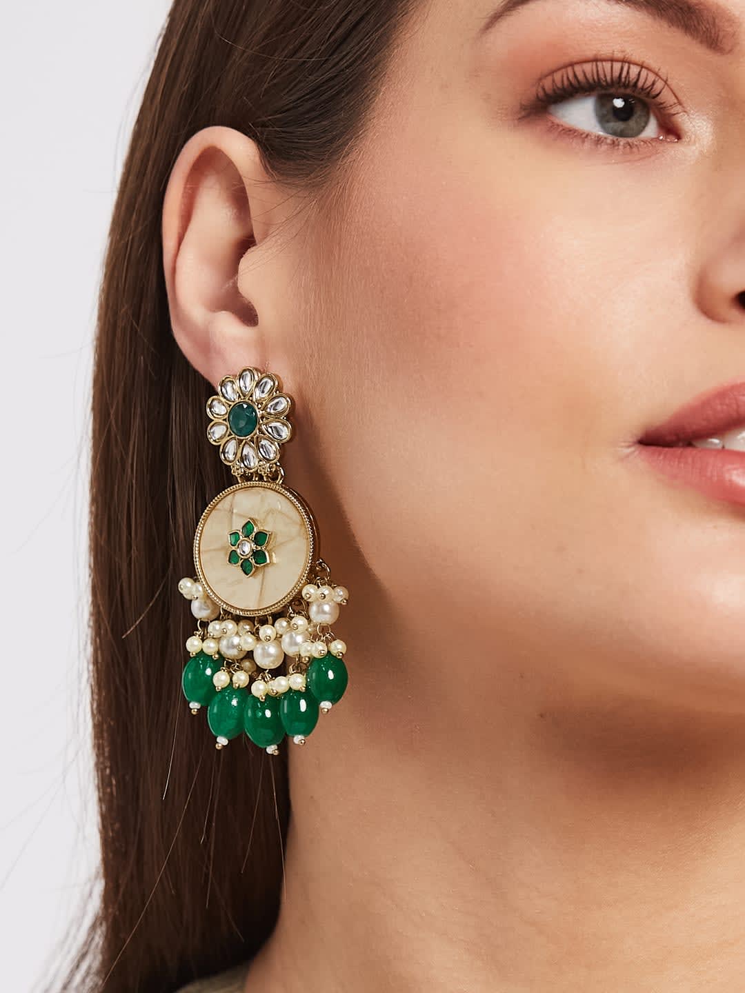 ATIBELLE Gold-Plated Kundan Stone Studded & Beaded Contemporary Shaped Drop Earrings