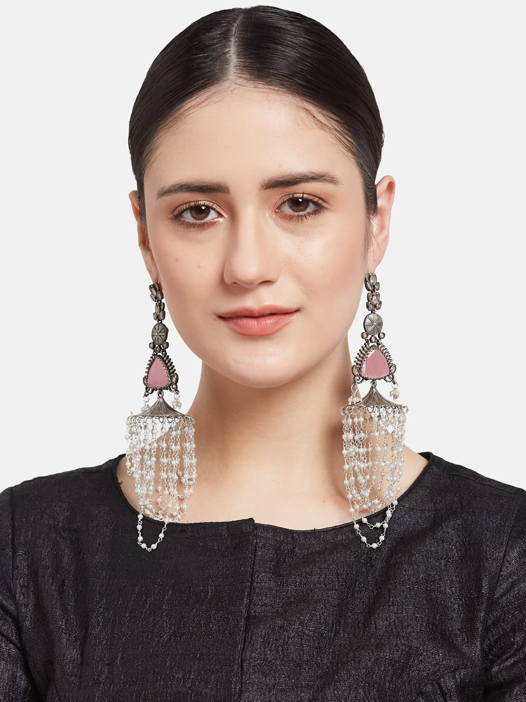 ATIBELLE German Silver Plated Artificial Stones Studded & Beaded Drop Earrings