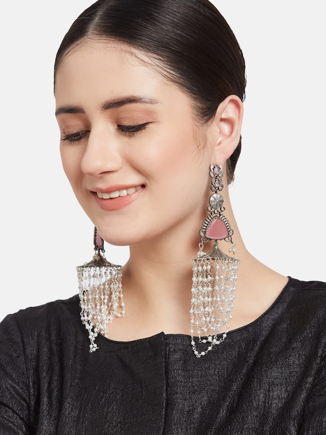 ATIBELLE German Silver Plated Artificial Stones Studded & Beaded Drop Earrings