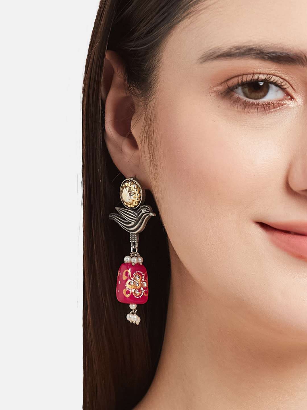 ATIBELLE German Silver-Plated Kundan Stones Studded And Beaded Contemporary Drop Earrings