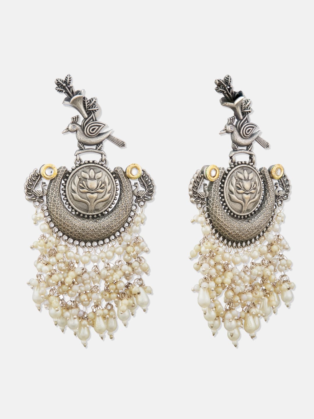 ATIBELLE Silver-Plated Peacock Shaped German Silver Kundan Studded Oxidised Drop Earrings