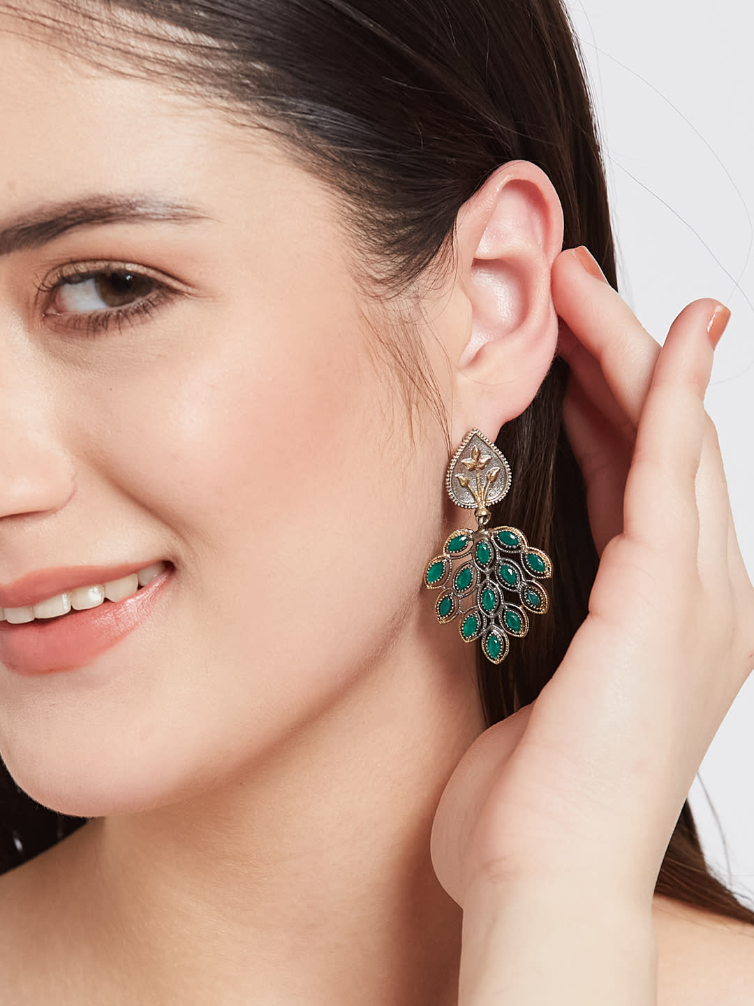 ATIBELLE German Silver Plated Artificial Stones Studded Contemporary Drop Earrings