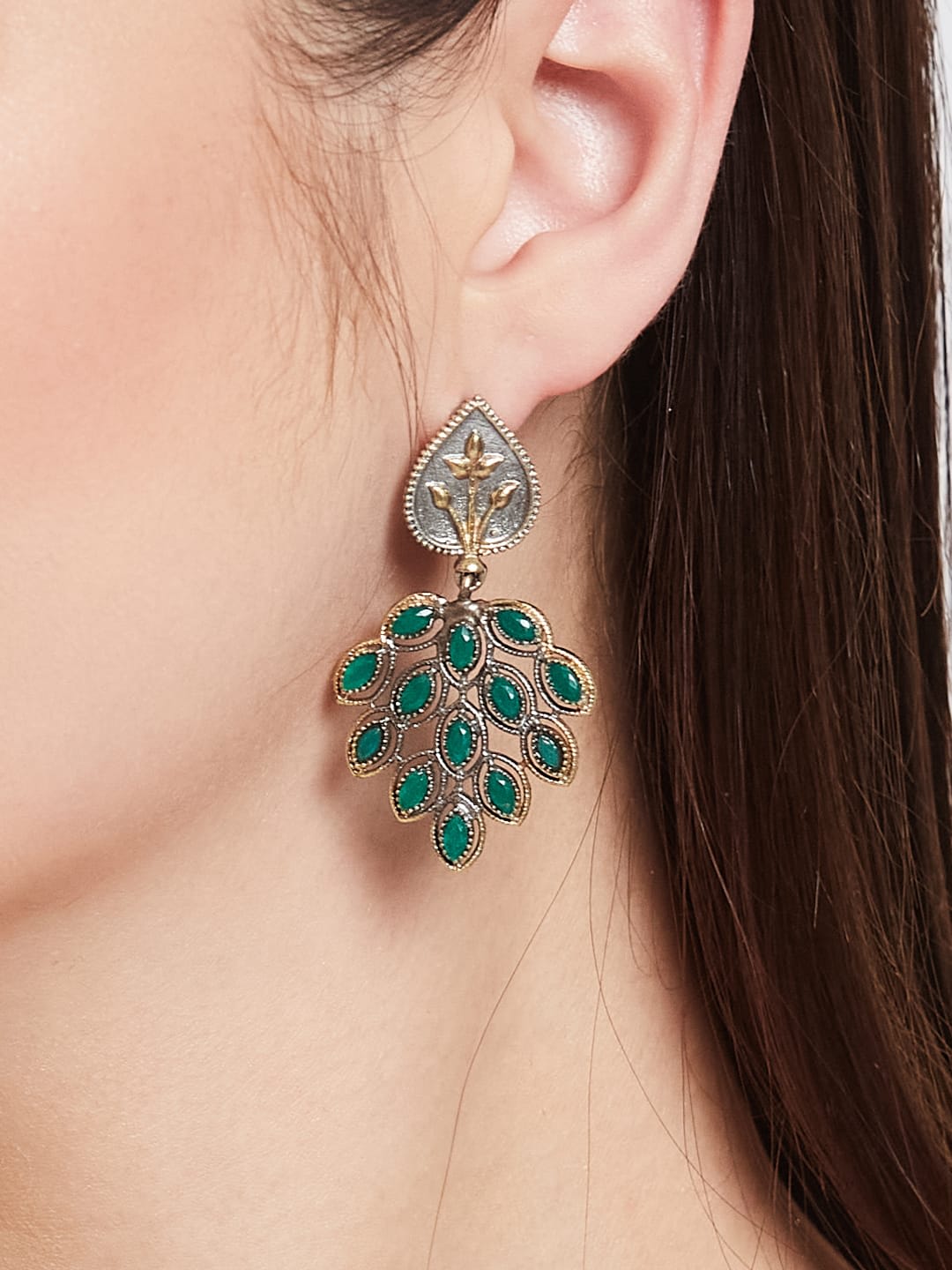 ATIBELLE German Silver Plated Artificial Stones Studded Contemporary Drop Earrings