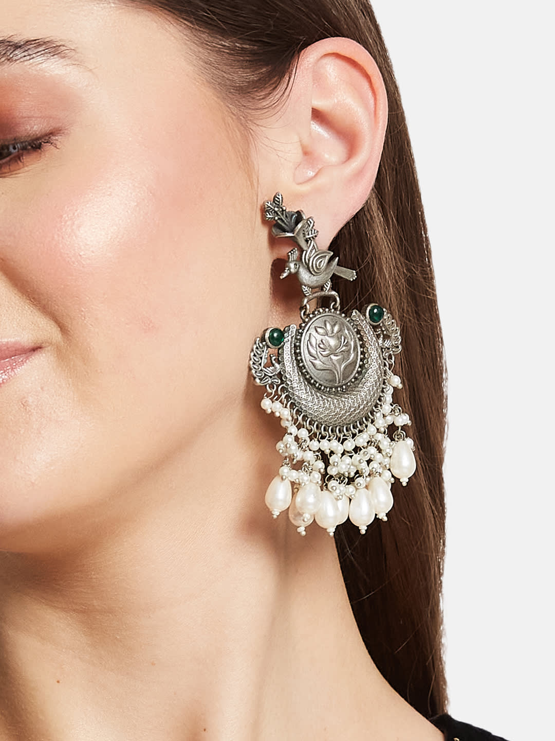 ATIBELLE Silver-Plated Peacock Shaped German Silver Kundan Studded Chandbalis