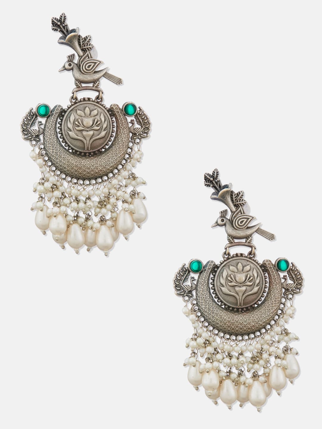 ATIBELLE Silver-Plated Peacock Shaped German Silver Kundan Studded Chandbalis