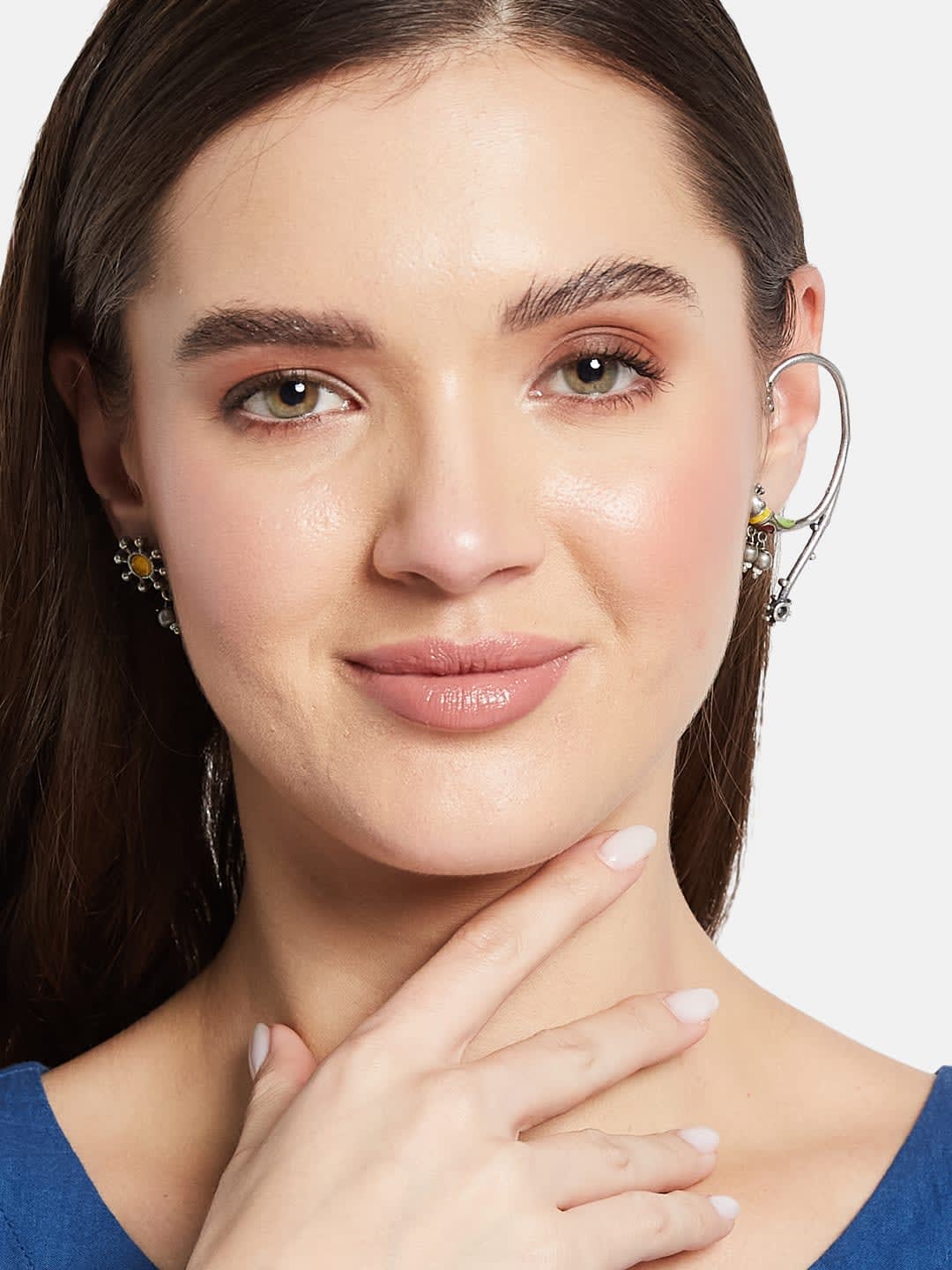 ATIBELLE Silver-Plated German Silver Contemporary Stone Studded & Beaded Drop Earrings