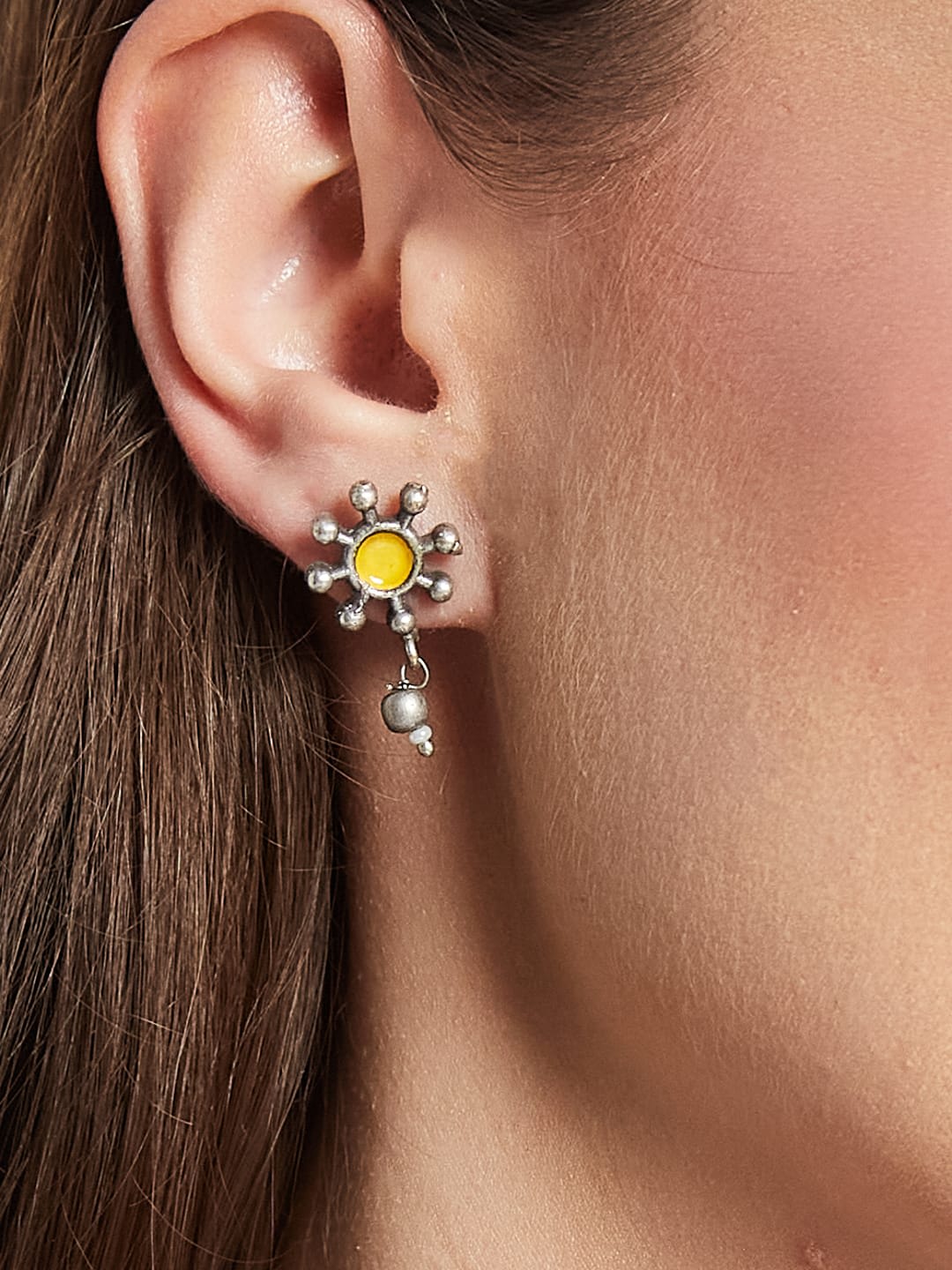 ATIBELLE Silver-Plated German Silver Contemporary Stone Studded & Beaded Drop Earrings