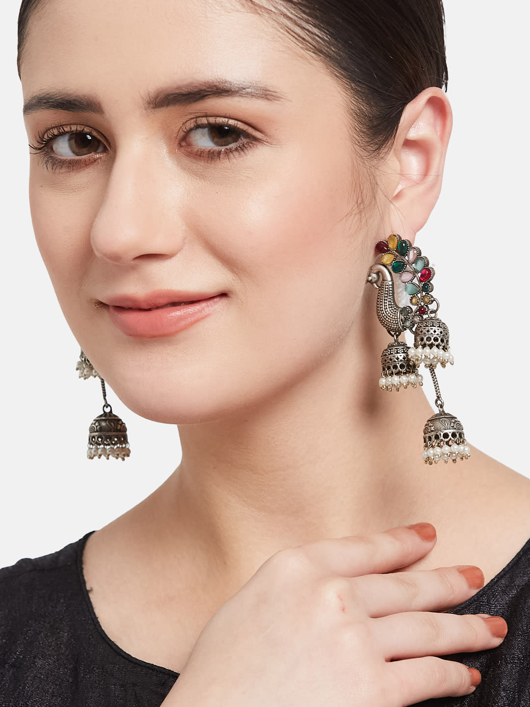 ATIBELLE German Silver-Plated Artificial Stones Studded Peacock Shaped Jhumkas