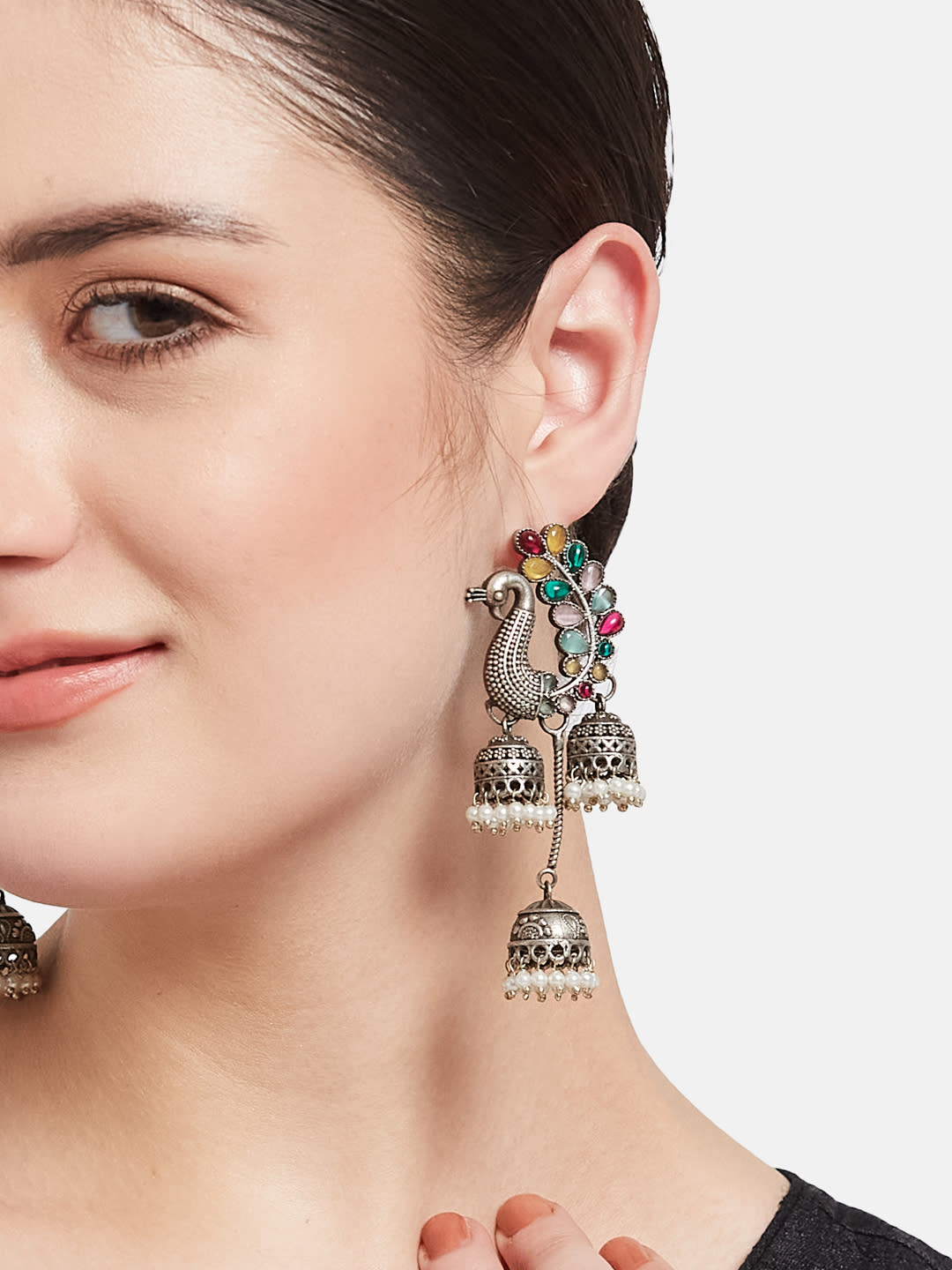 ATIBELLE German Silver-Plated Artificial Stones Studded Peacock Shaped Jhumkas
