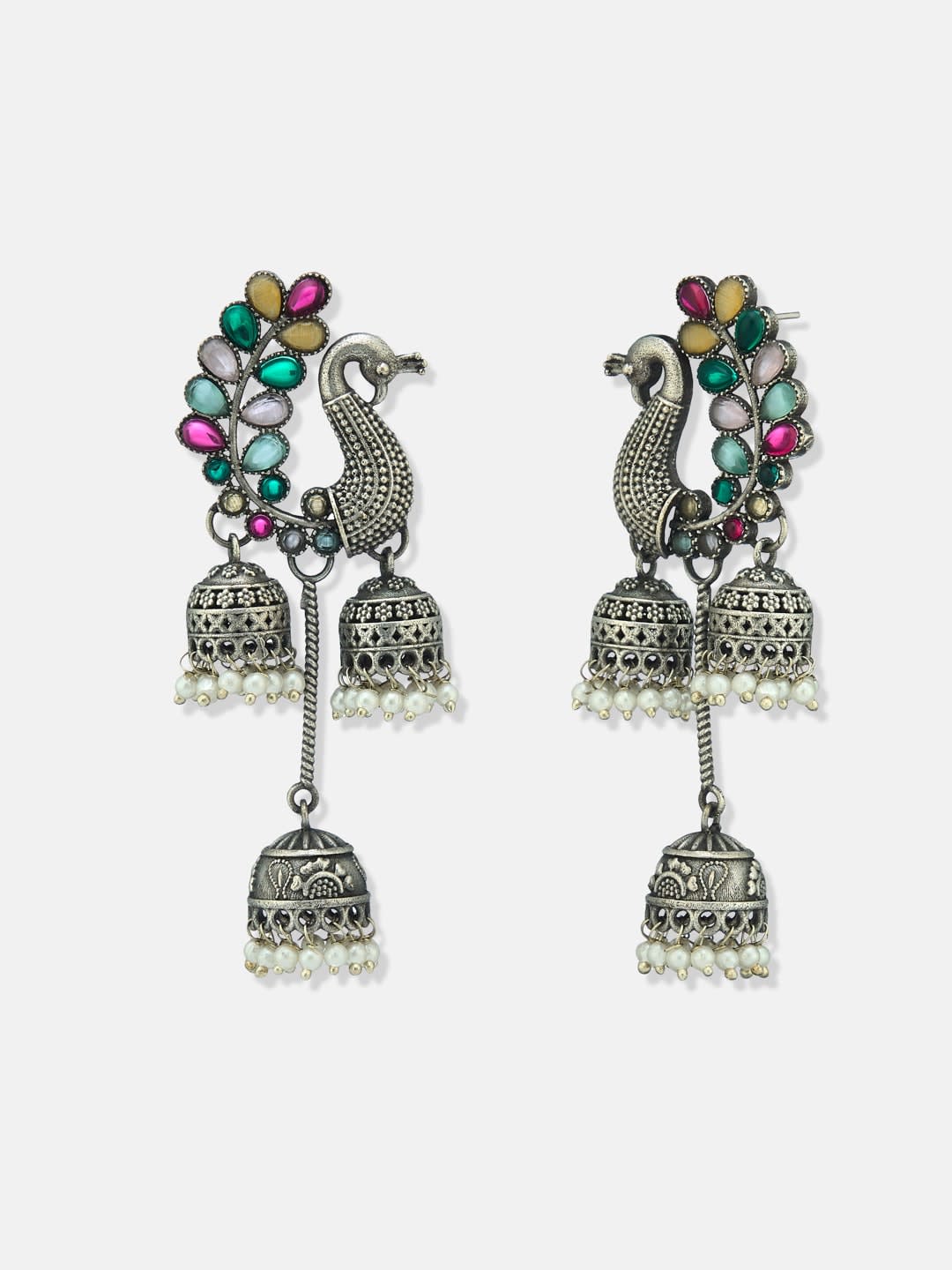 ATIBELLE German Silver-Plated Artificial Stones Studded Peacock Shaped Jhumkas