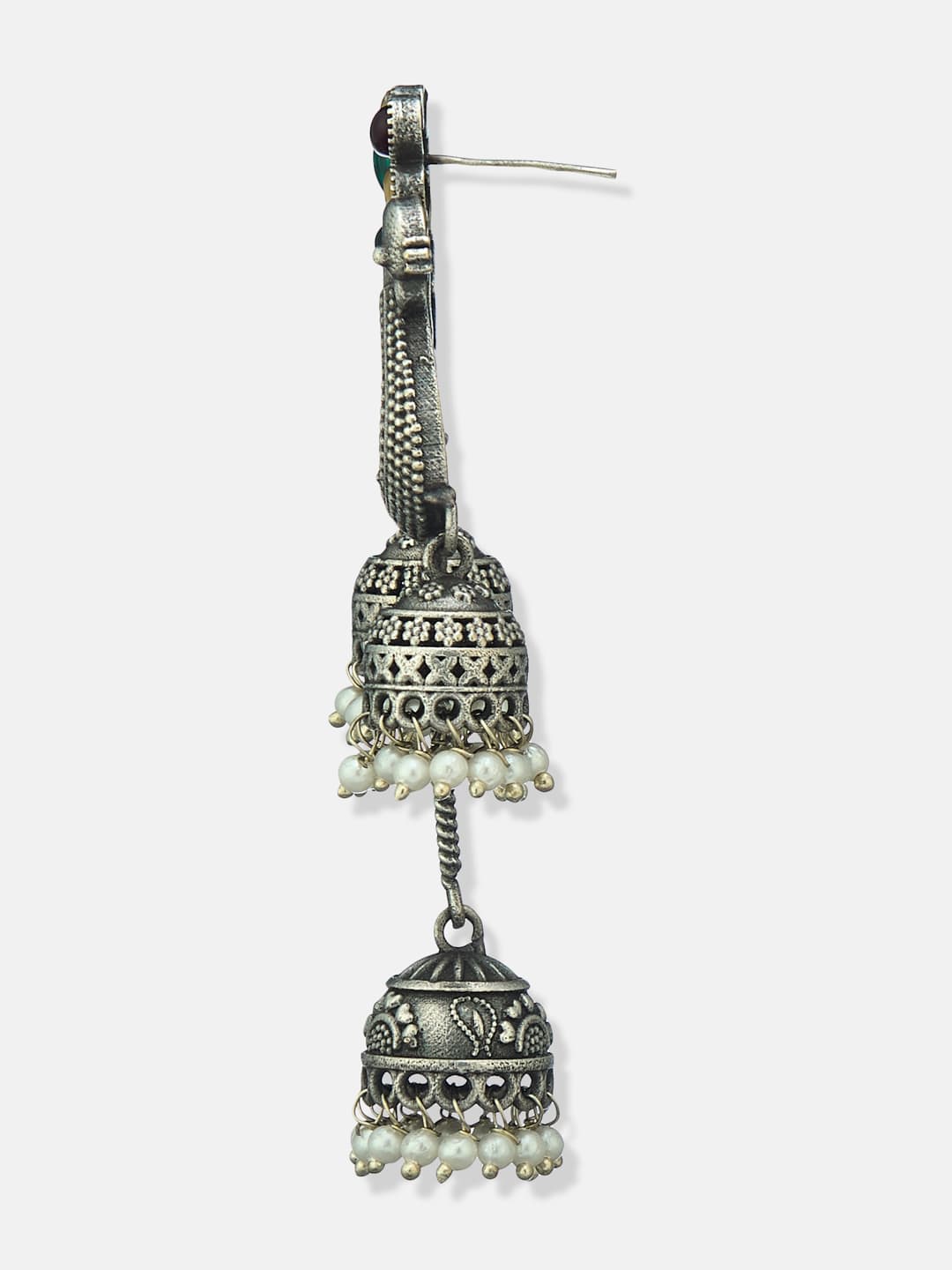ATIBELLE German Silver-Plated Artificial Stones Studded Peacock Shaped Jhumkas