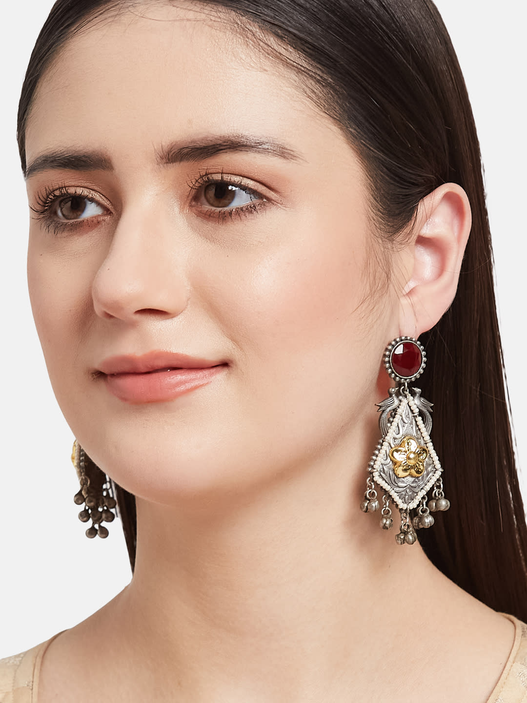 ATIBELLE German Silver-Plated Artificial Stone Studded & Beaded Contemporary Drop Earrings