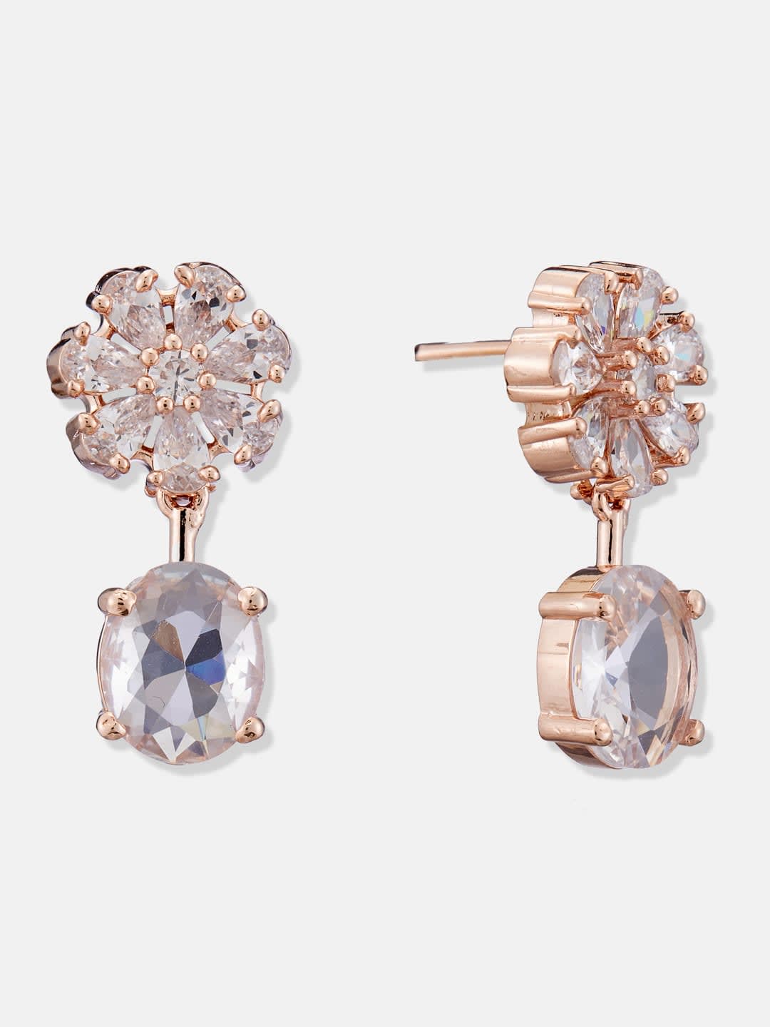 ATIBELLE Rose Gold Plated Cubic Zirconia Stone Studded Contemporary Shaped Drop Earrings