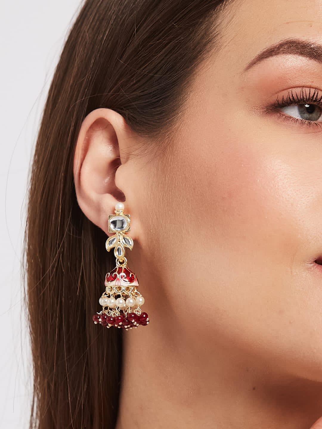 ATIBELLE Silver Plated Cubic Zirconia Stone Studded & Beaded Contemporary Shaped Jhumkas