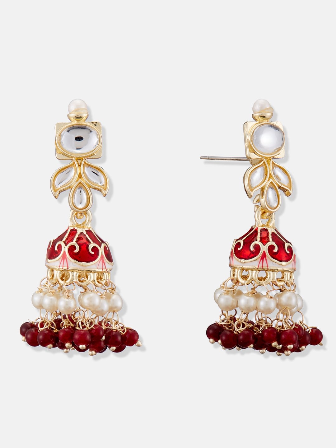 ATIBELLE Silver Plated Cubic Zirconia Stone Studded & Beaded Contemporary Shaped Jhumkas