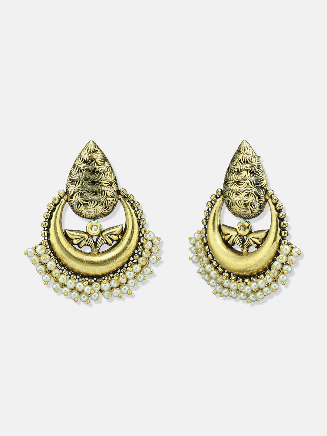 ATIBELLE  German Silver Plated Kundan Stones Studded & Beaded Drop Earrings
