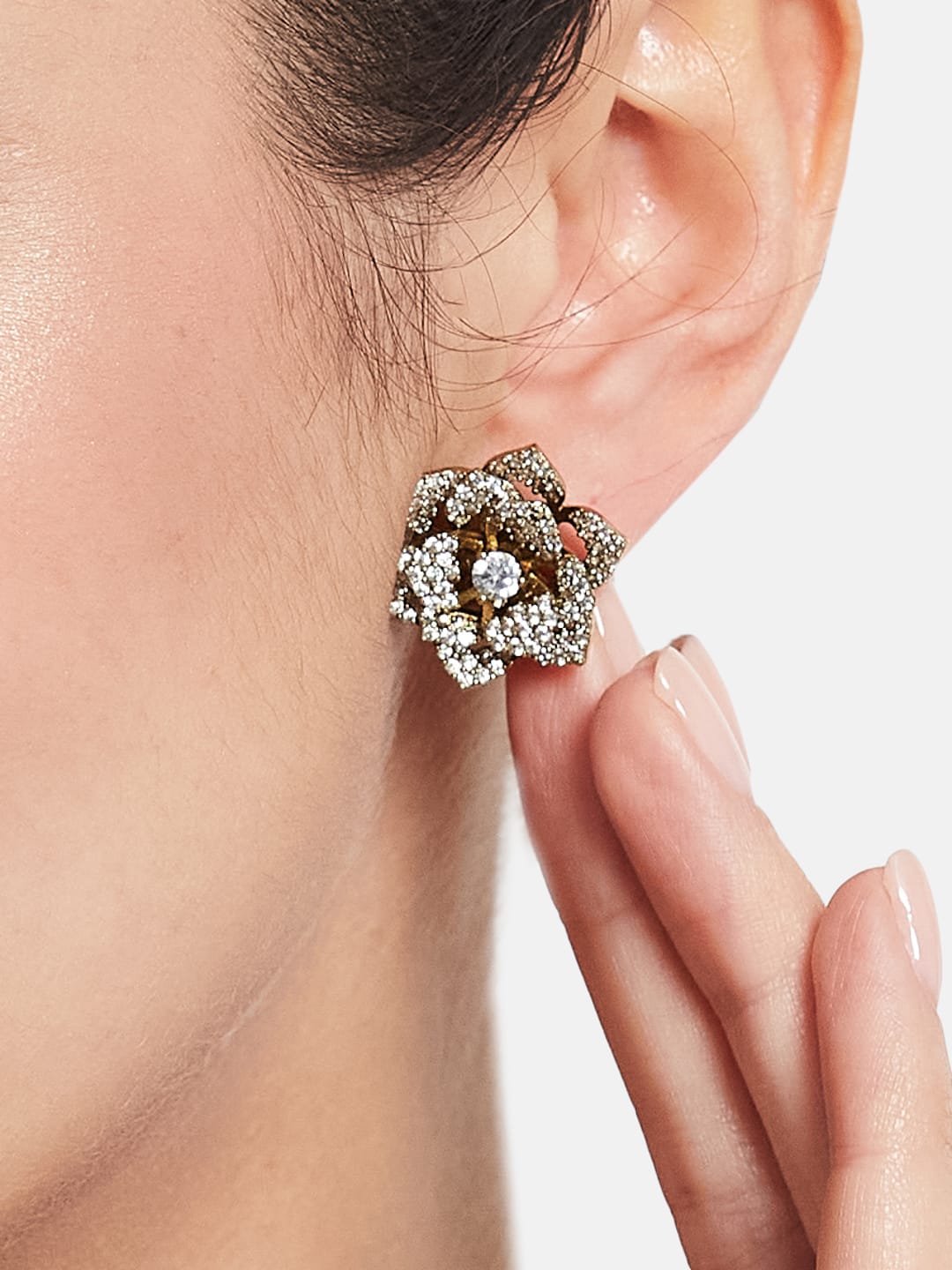 ATIBELLE Gold-Plated Cubic Zirconia Studded Floral Shaped Studs