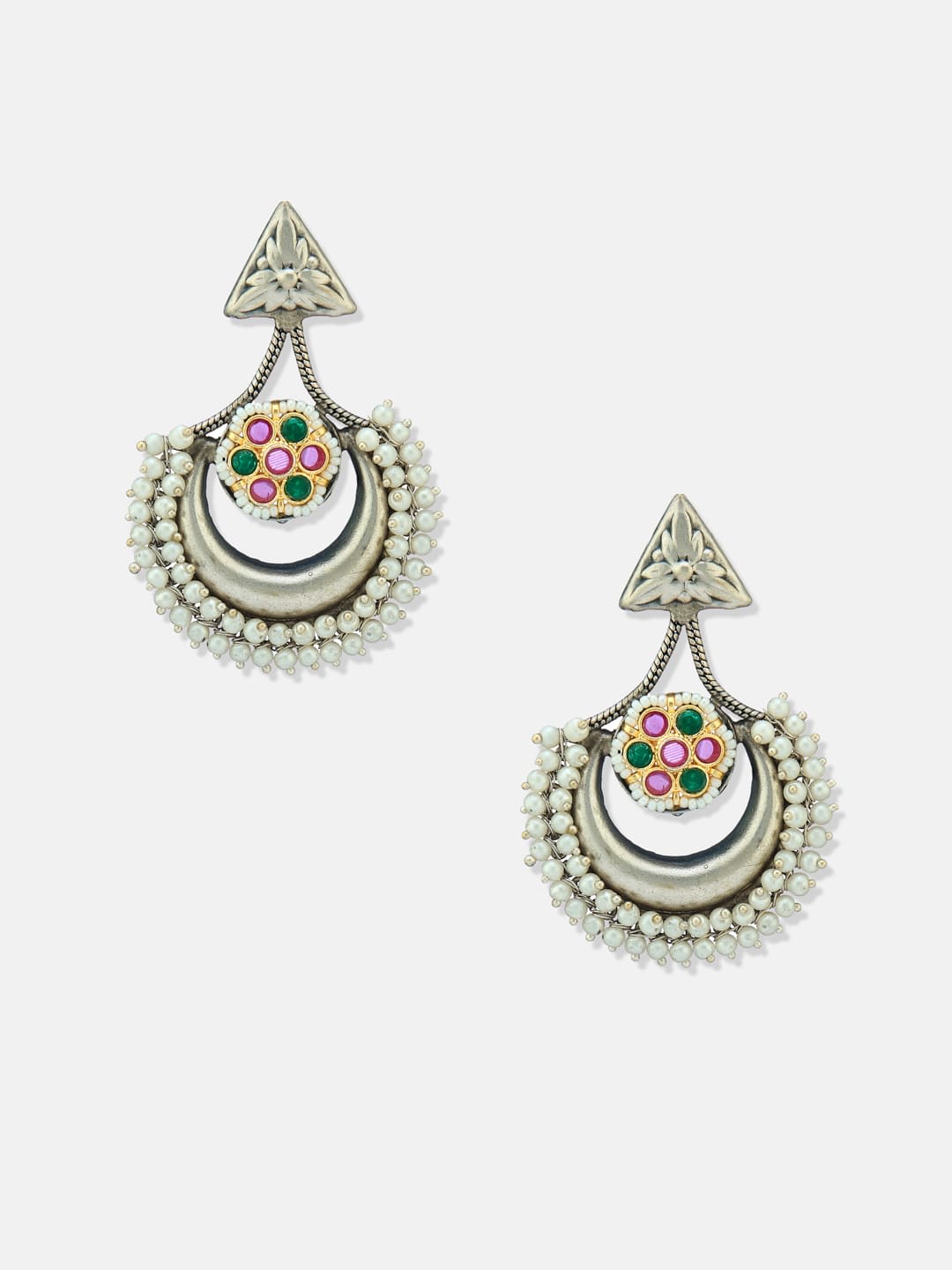 ATIBELLE German Silver-Plated Artificial Stones Studded & Beaded Contemporary Chandbalis