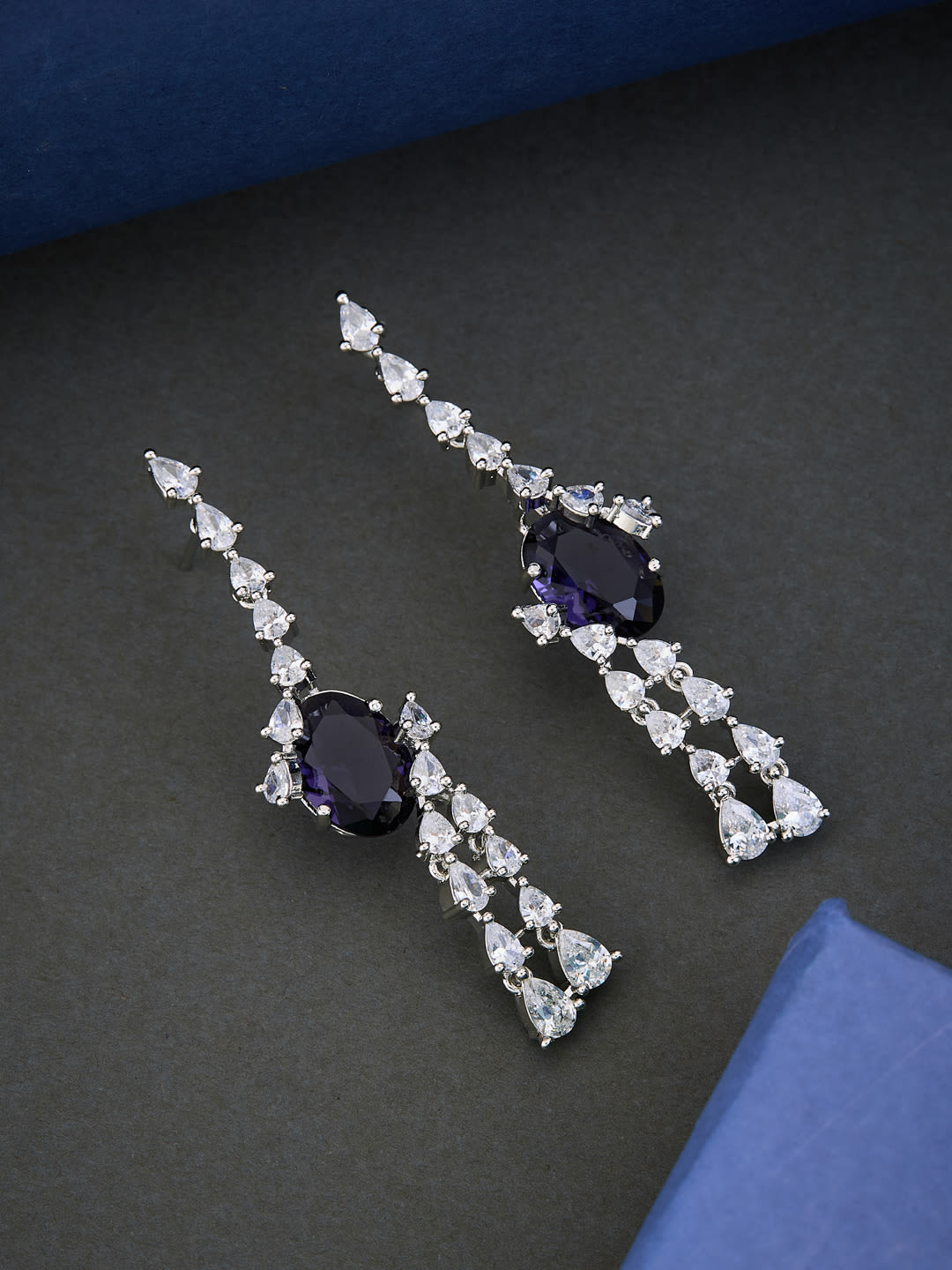 ATIBELLE Silver-Plated Cubic Zirconia Studded Contemporary Drop Earrings