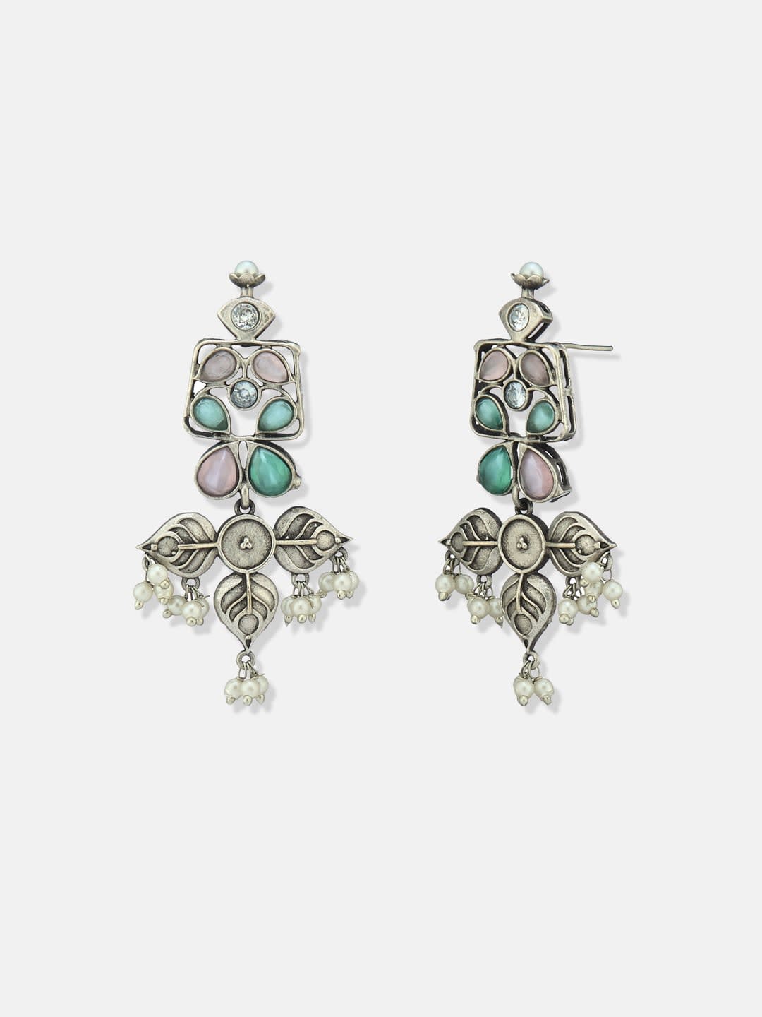 ATIBELLE German Silver-Plated Artificial Stones Studded & Beaded Shaped Drop Earrings