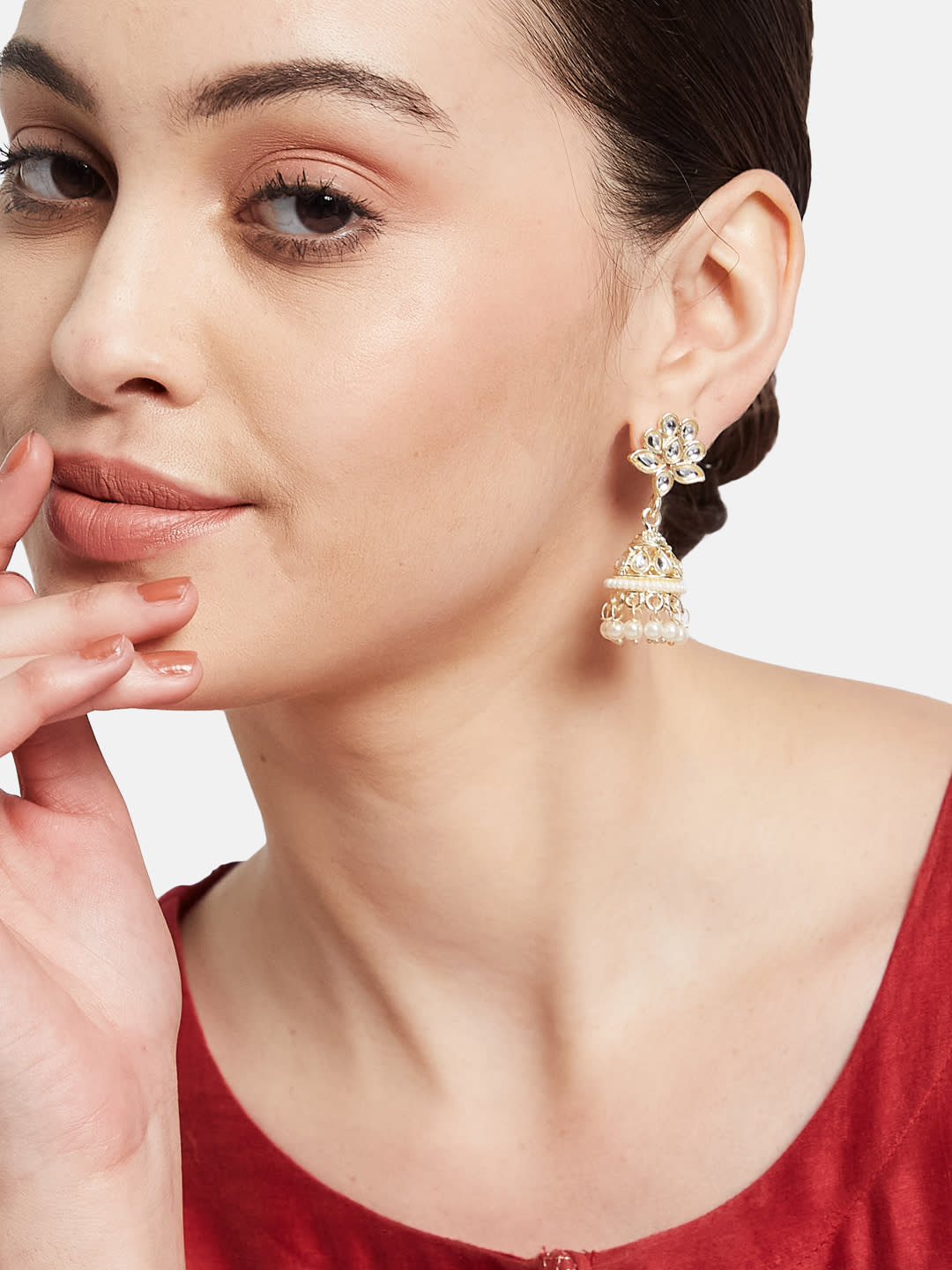 ATIBELLE Gold-Plated Dome-Shaped Kundan Jhumkas