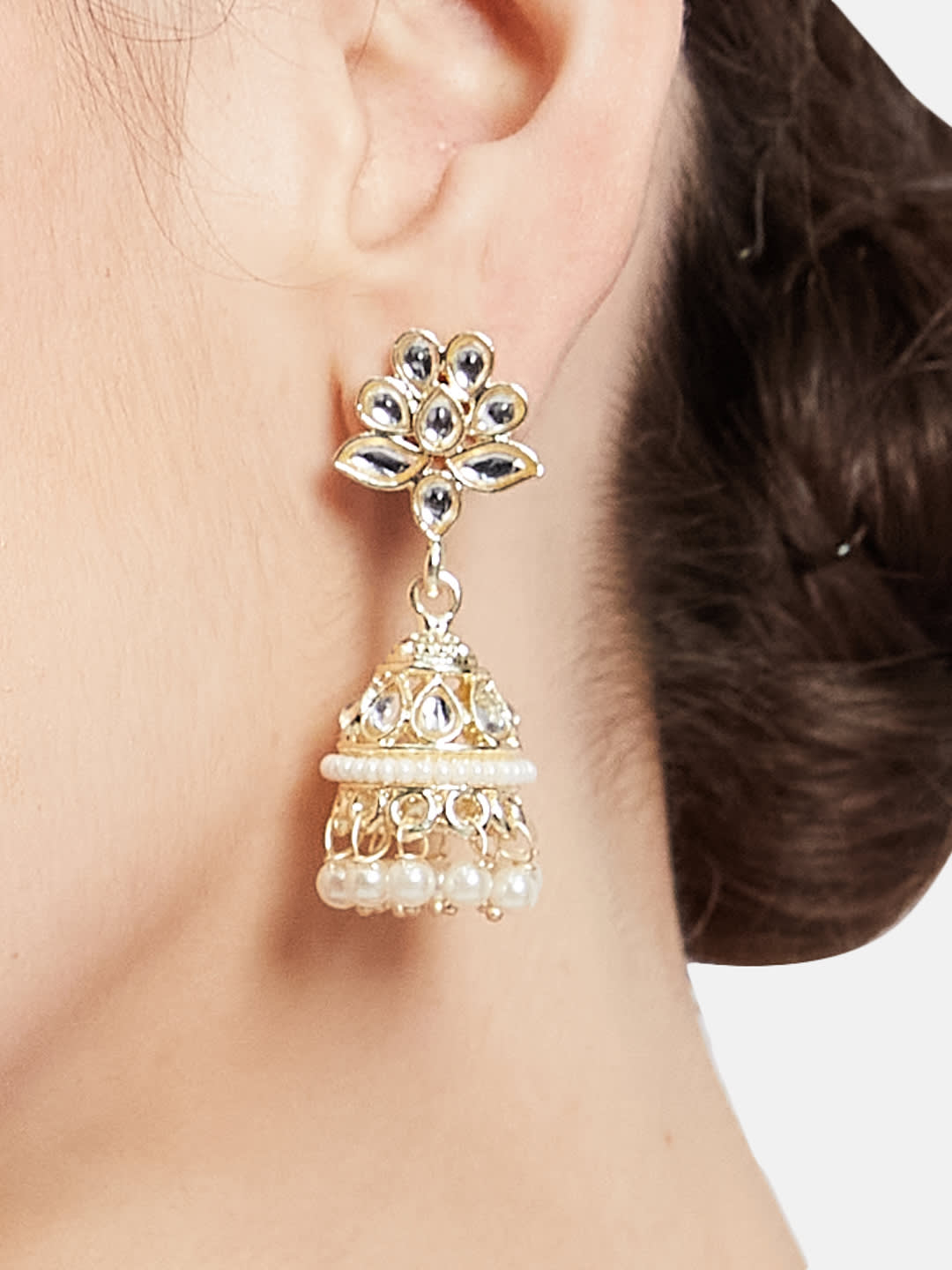 ATIBELLE Gold-Plated Dome-Shaped Kundan Jhumkas